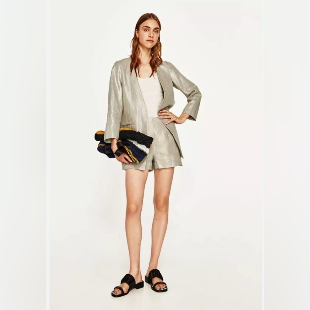ZARA Basic Collection Size M 100% Linen Silver-Toned V-neck Blazer/Jacket Sz‎ L